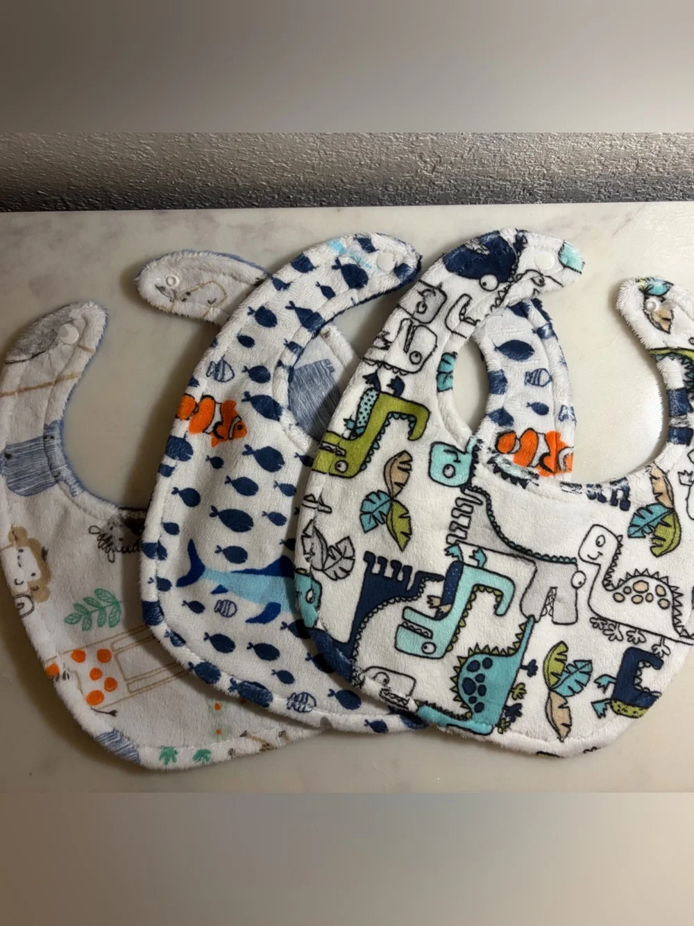 Baby Bib Set with Dino, animal & Fish Prints - 3 Pack